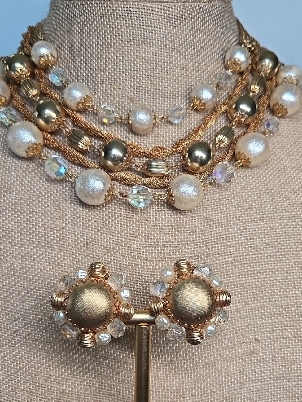 Gold Tone Pearlesque Bead & Crystal Multi-Strand Necklace with Clip Earrings